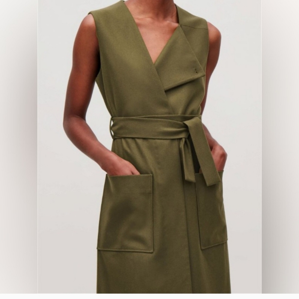COS Wool Blend Sleeveless Wrap Dress with Belt in Olive Green Size 6